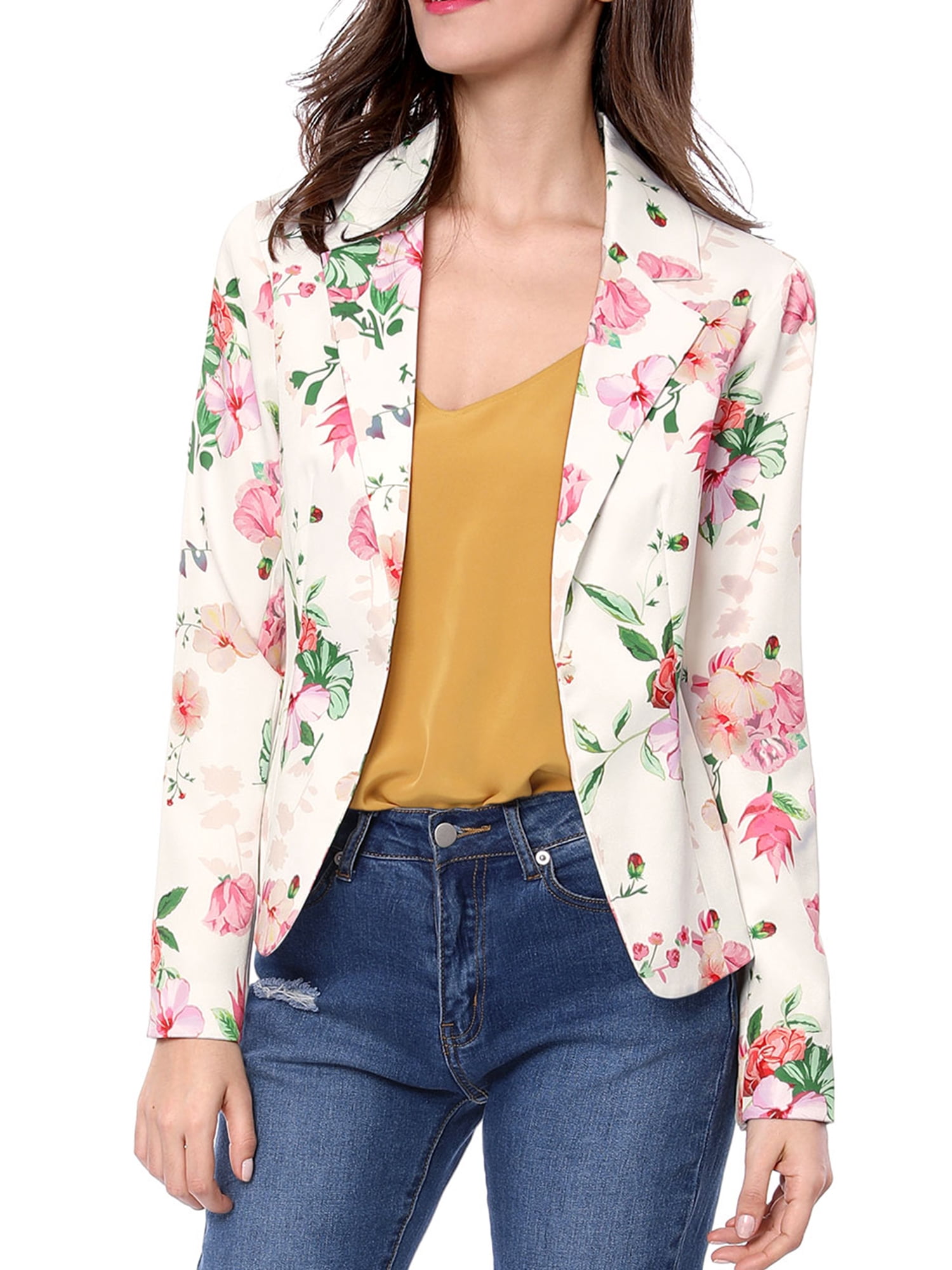 DARING DIVA Women's Elegant Notched Lapel Floral Print Blazer L White-Floral