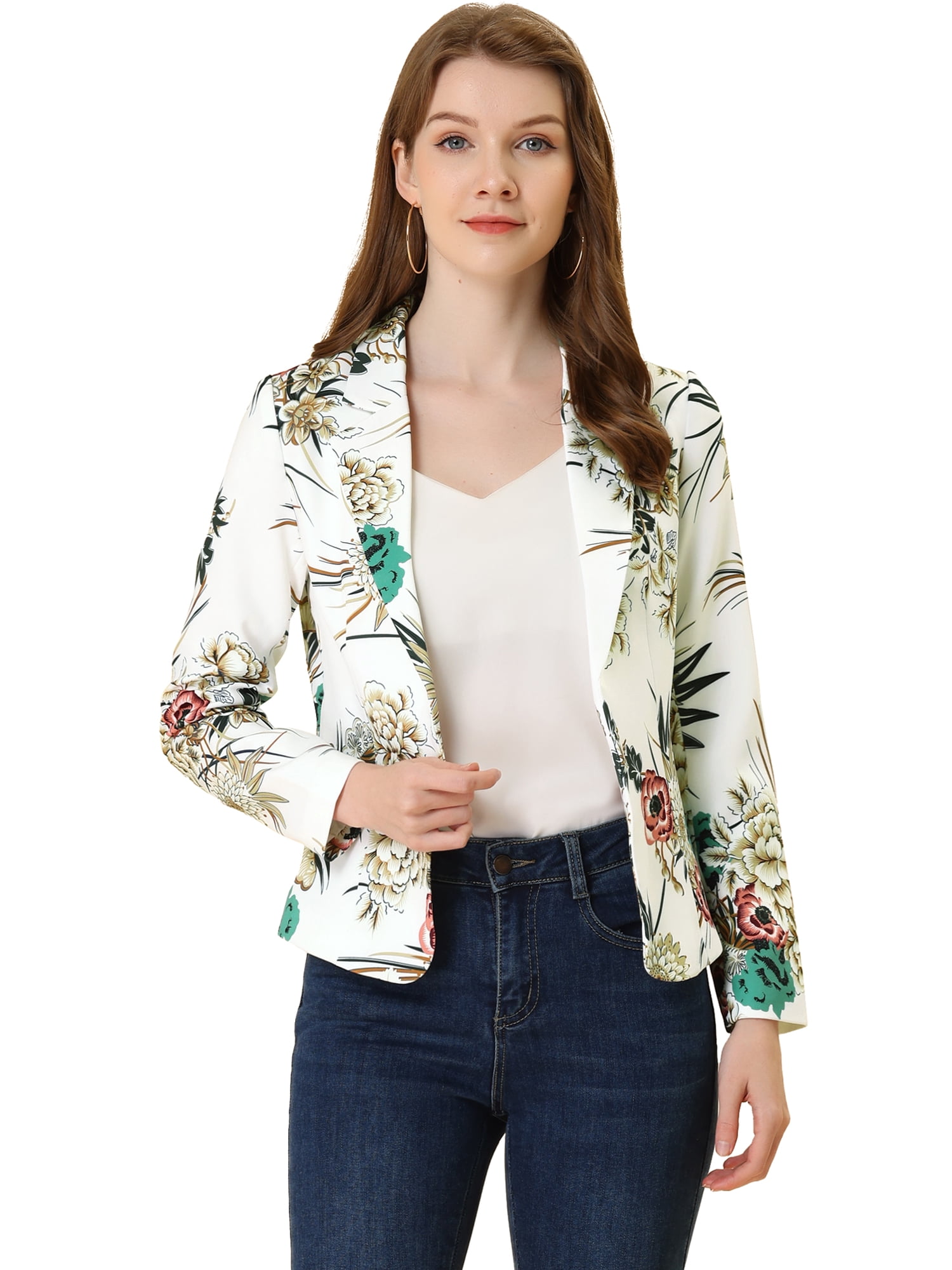 DARING DIVA Women's Elegant Notched Lapel Floral Print Blazer L White-Flower