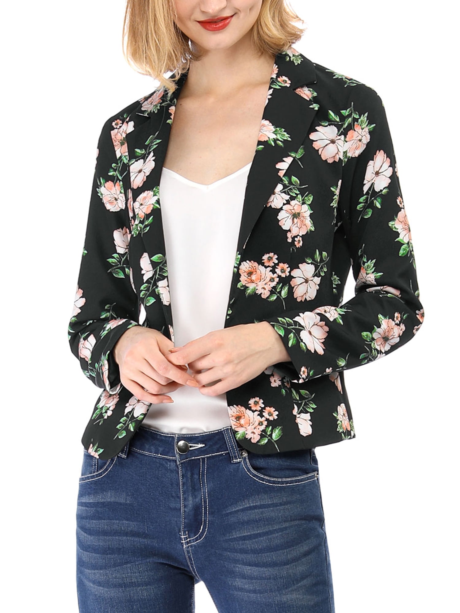 DARING DIVA Women's Elegant Notched Lapel Floral Print Blazer M Black-Floral