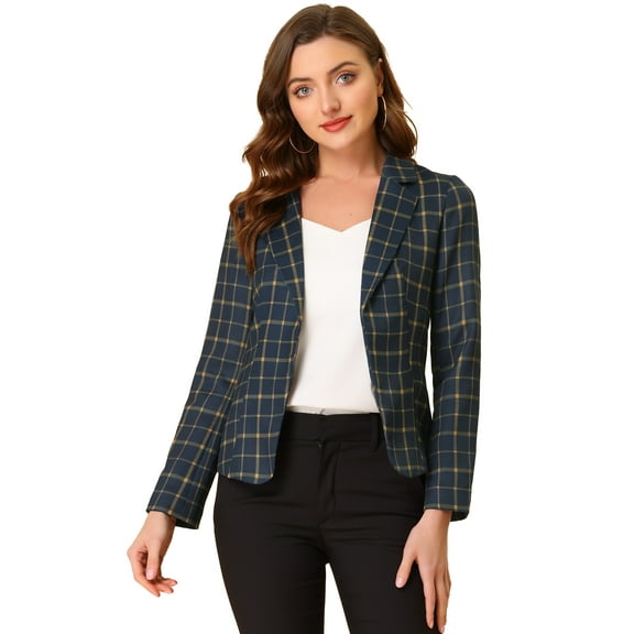 DARING DIVA Women's Elegant Notched Lapel Floral Print Blazer M Dark Blue-Plaid