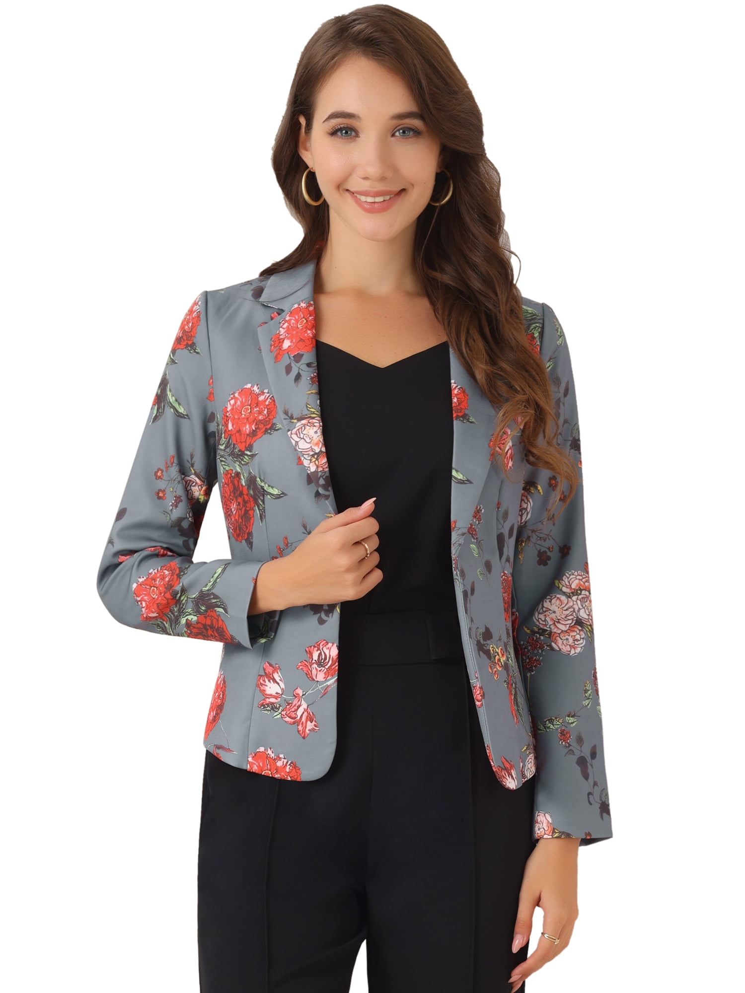 DARING DIVA Women's Elegant Notched Lapel Floral Print Blazer M Gray-Floral