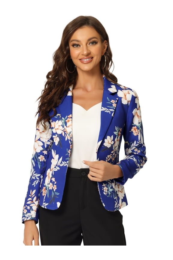 Women's Elegant Notched Lapel Floral Print Blazer M Royal Blue-Floral