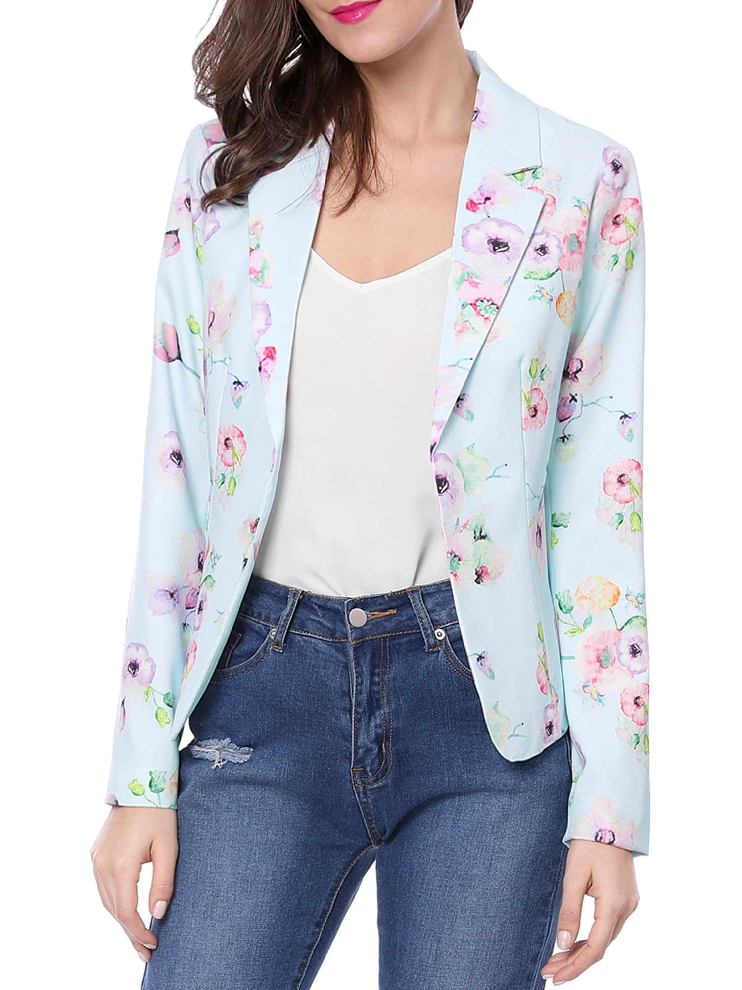 DARING DIVA Women's Elegant Notched Lapel Floral Print Blazer S Blue-Floral
