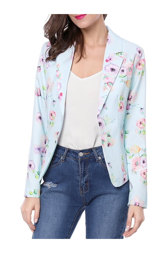 Women's Elegant Notched Lapel Floral Print Blazer S Blue-Floral
