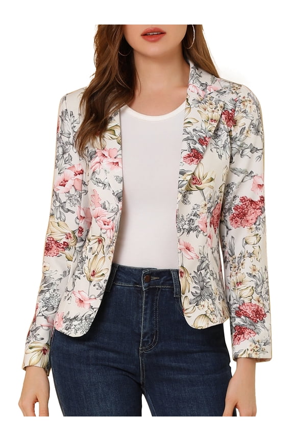 Women's Elegant Notched Lapel Floral Print Blazer XL Beige-Floral