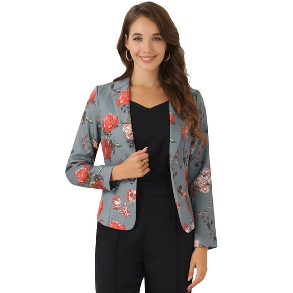 DARING DIVA Women's Elegant Notched Lapel Floral Print Blazer XS Gray-Floral