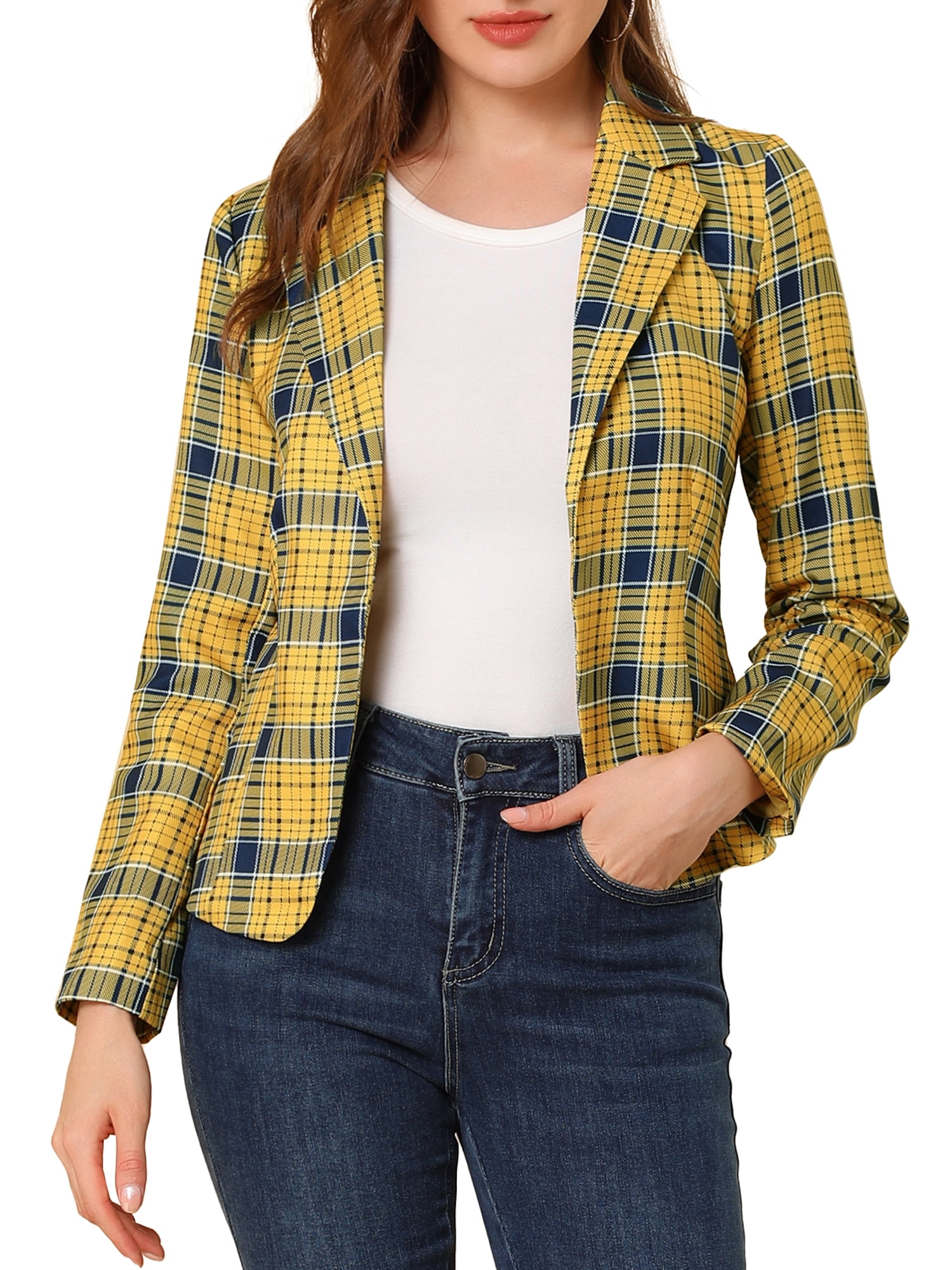 DARING DIVA Women's Elegant Notched Lapel Floral Print Blazer XS Yellow-Plaid