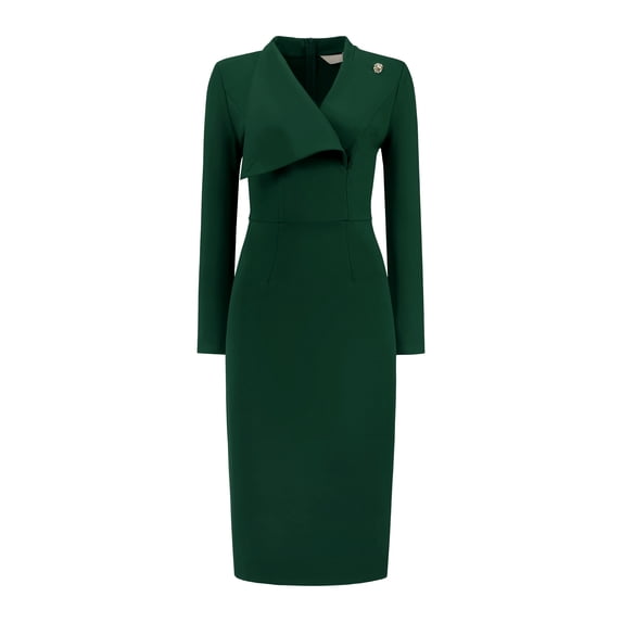 DARING DIVA Women's Elegant Pencil Dress Lapel V Neck Long Sleeve Dress L Dark Green