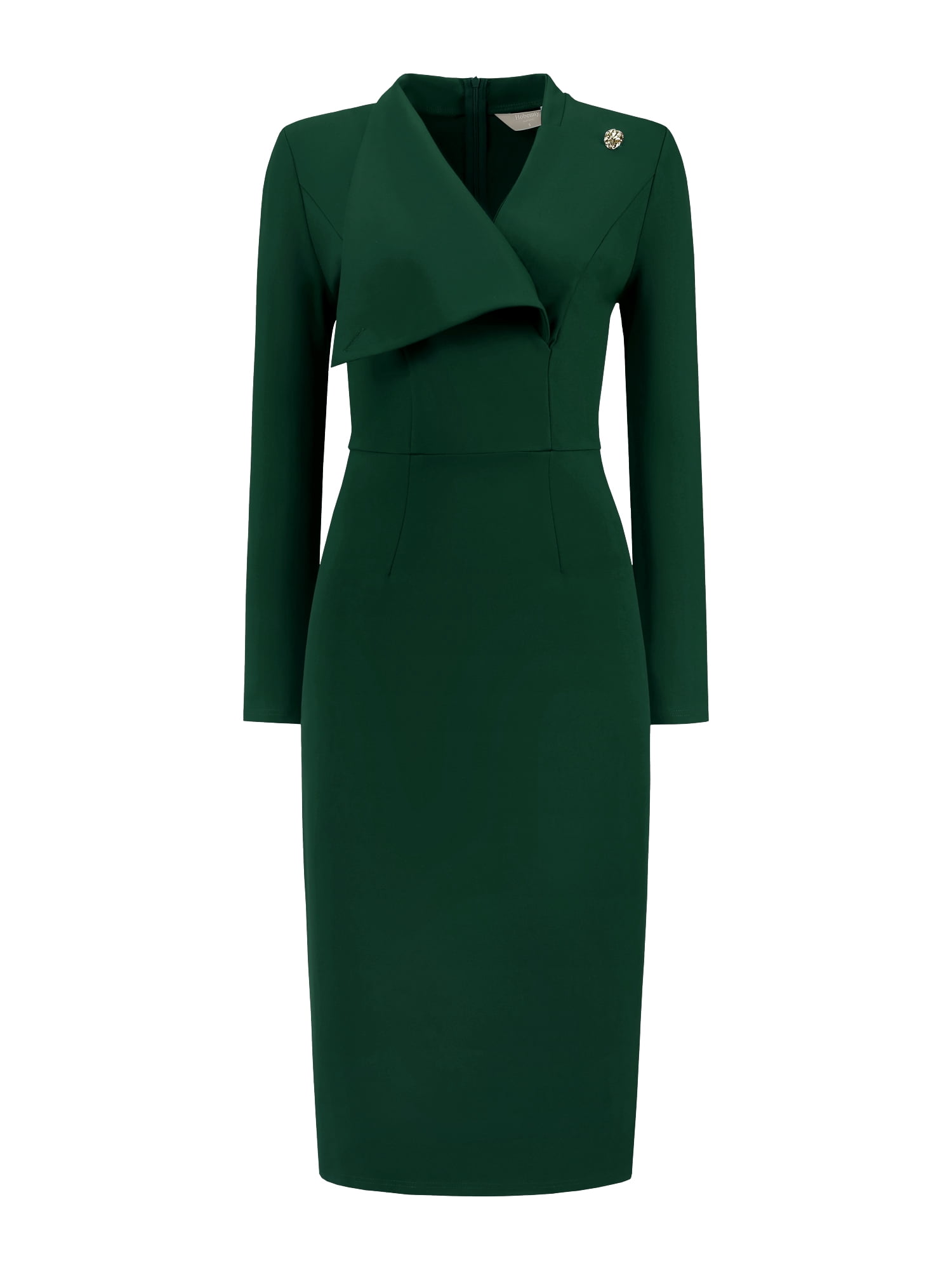 DARING DIVA Women's Elegant Pencil Dress Lapel V Neck Long Sleeve Dress M Dark Green