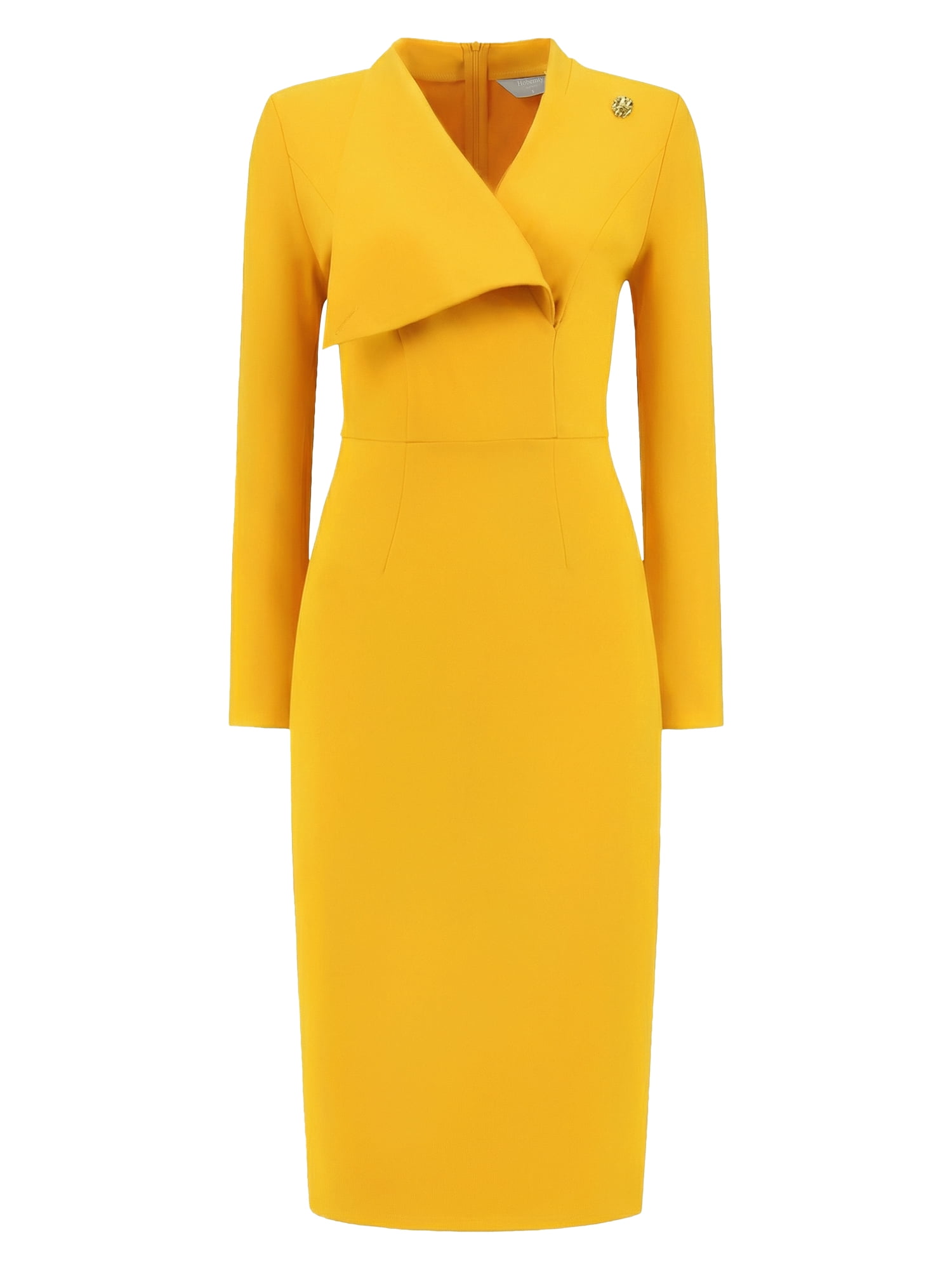 DARING DIVA Women's Elegant Pencil Dress Lapel V Neck Long Sleeve Dress XL Yellow