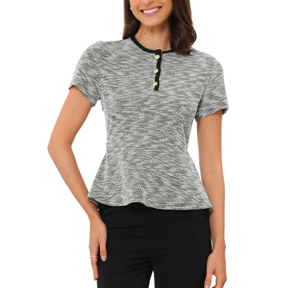 DARING DIVA Women's Elegant Plaid Crew Neck Short Sleeve Peplum Blouse L Black