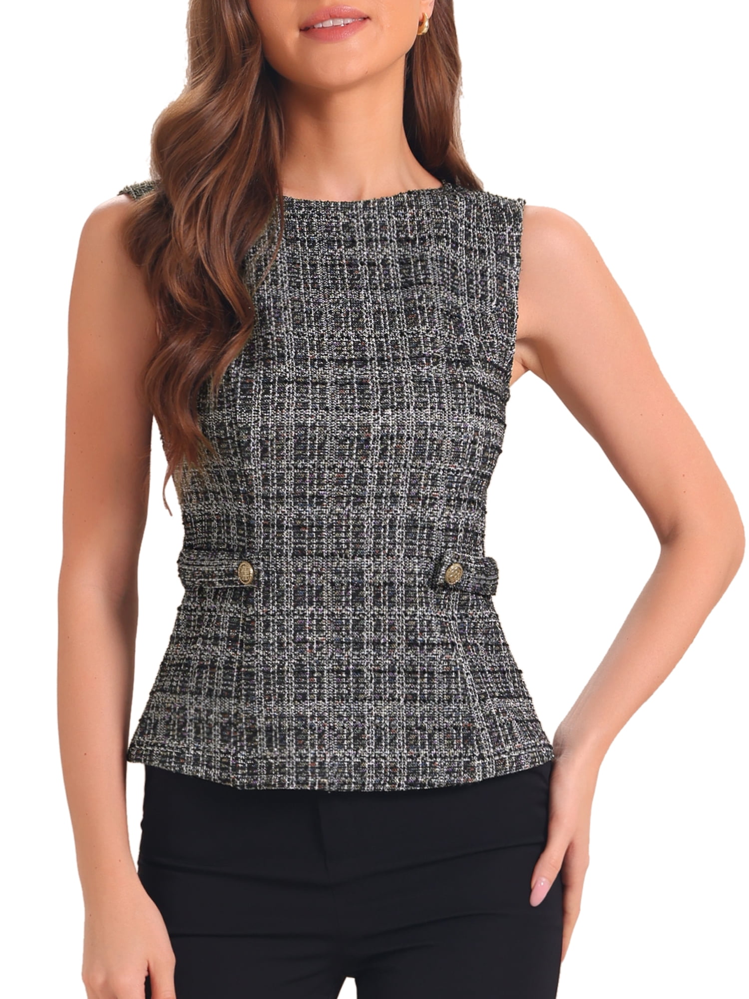 DARING DIVA Women's Tweed Elegant Crew Neck Business Vest Tops XS Black