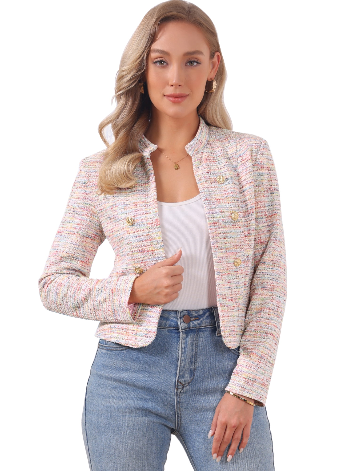 DARING DIVA Women's Elegant Plaid Tweed Blazer Band Collar Jacket M Multicolor