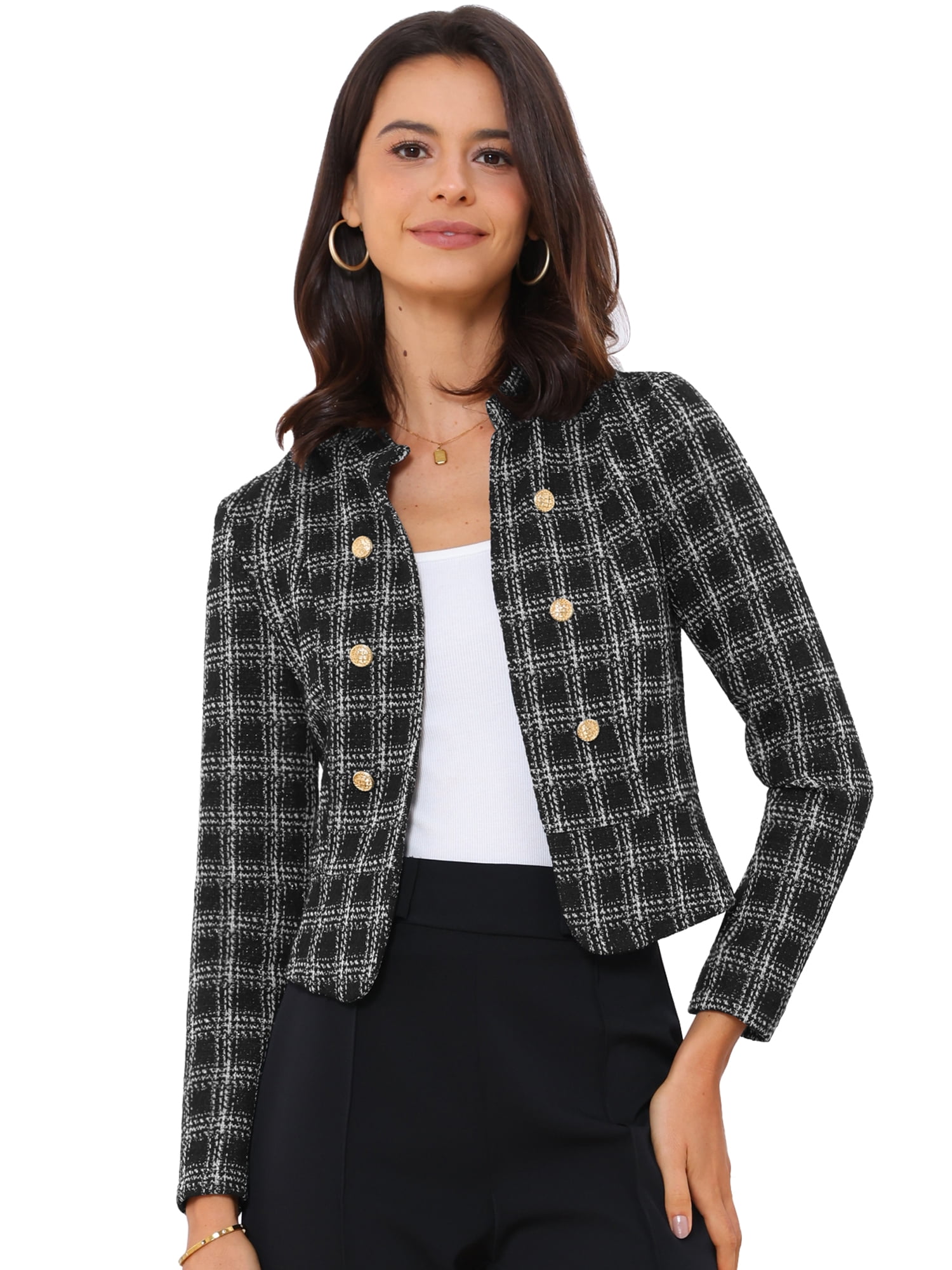 DARING DIVA Women's Elegant Plaid Tweed Blazer Band Collar Jacket S Black White