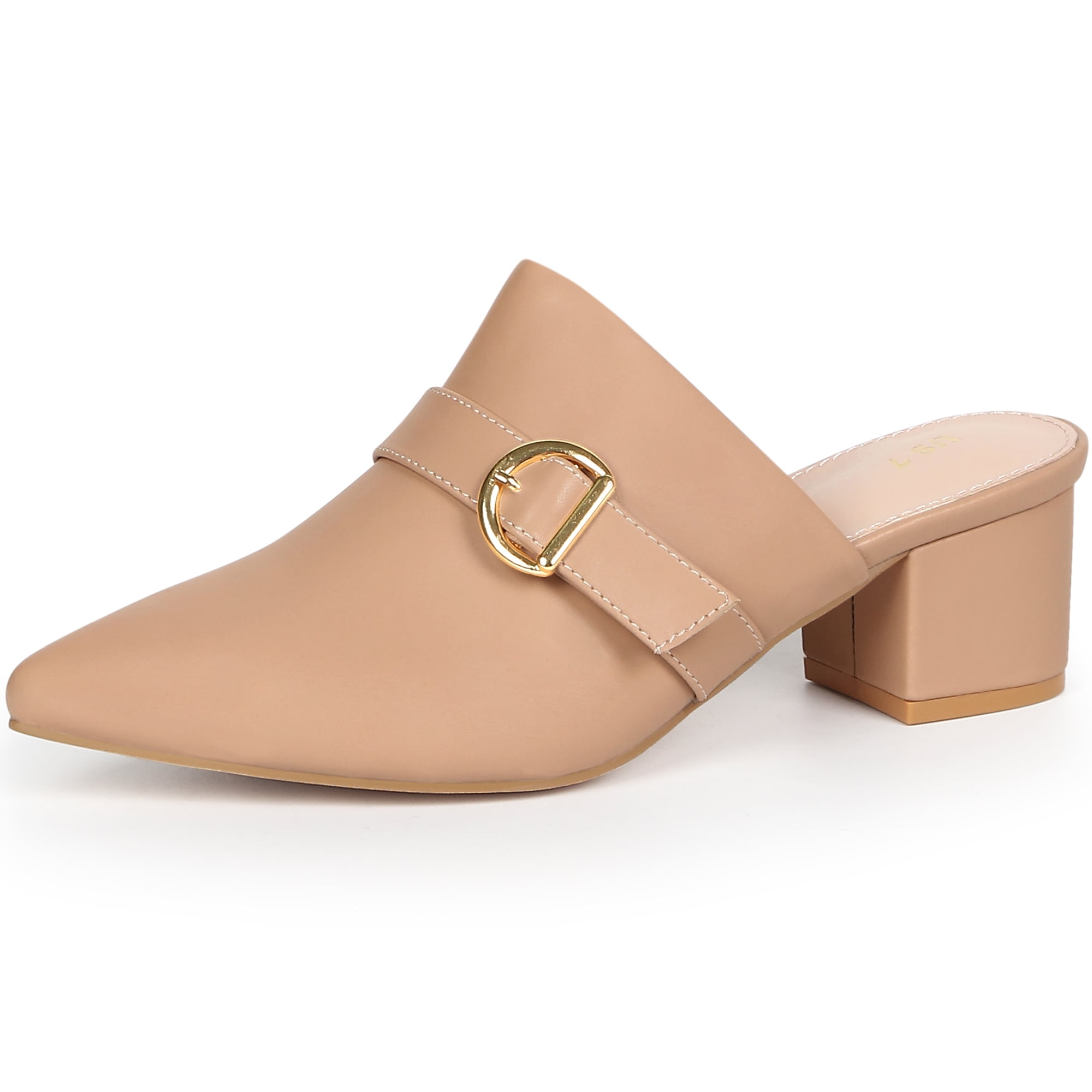 DARING DIVA Women's Elegant Pointed Toe Slip on Chunky Heel Mules Nude US 7