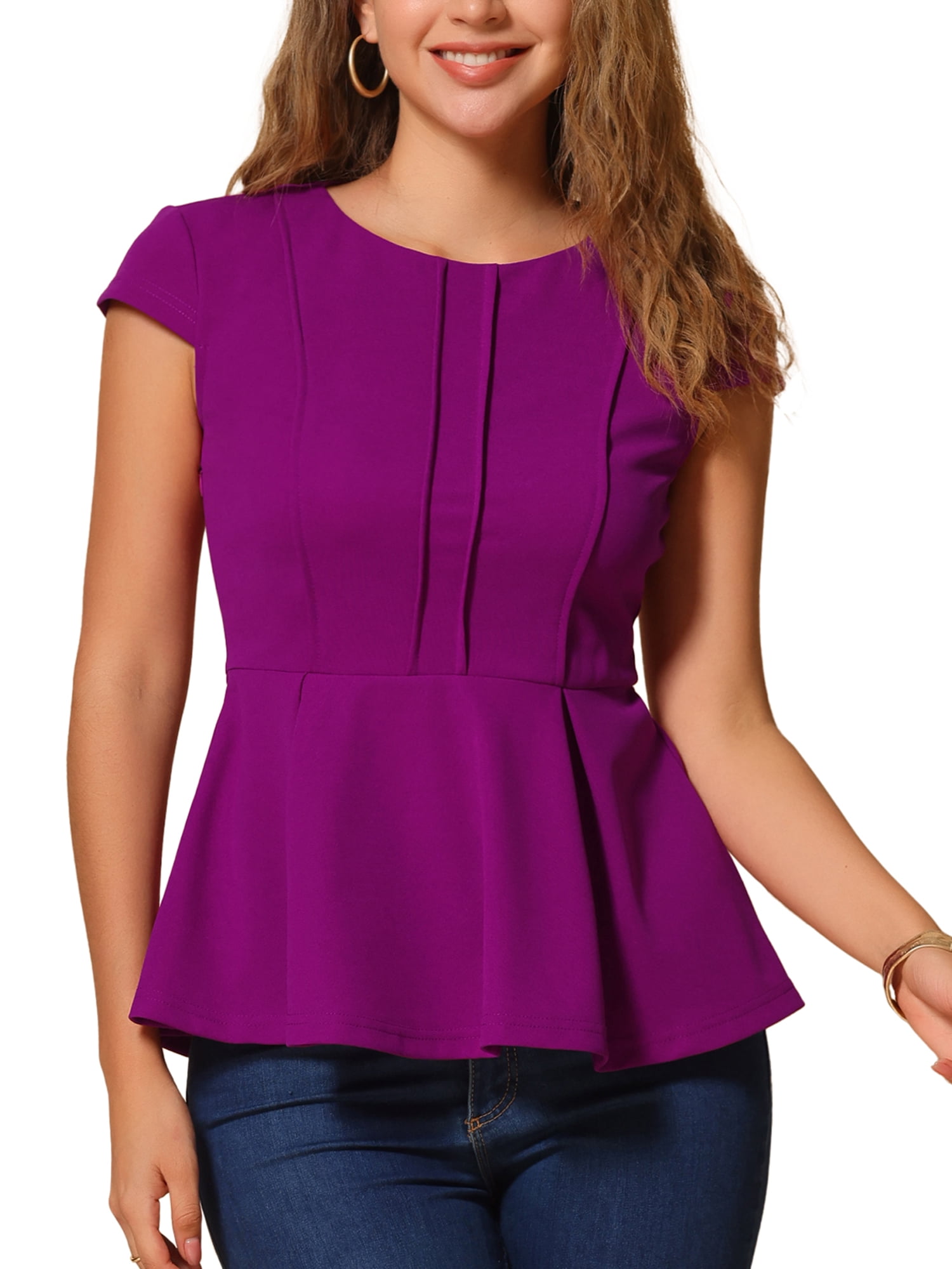 DARING DIVA Women's Elegant Round Neck Solid Color Cap Sleeve Blouses L Purple
