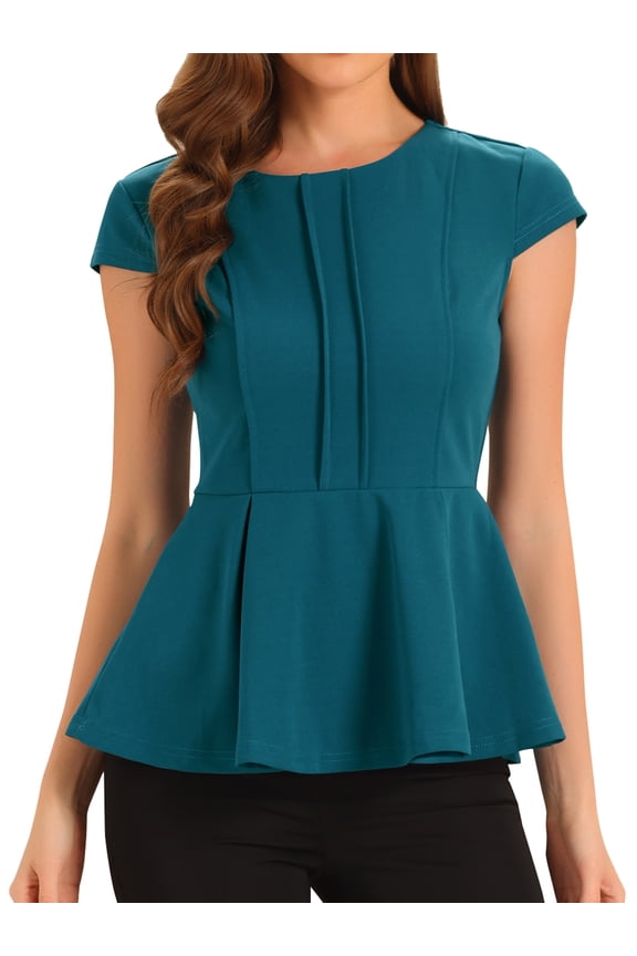 Women's Elegant Round Neck Solid Color Cap Sleeve Blouses S Peacock Blue