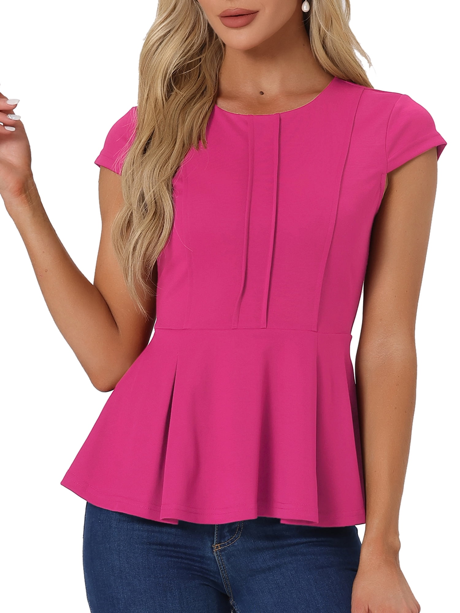 DARING DIVA Women's Elegant Round Neck Solid Color Cap Sleeve Blouses XL Hot Pink