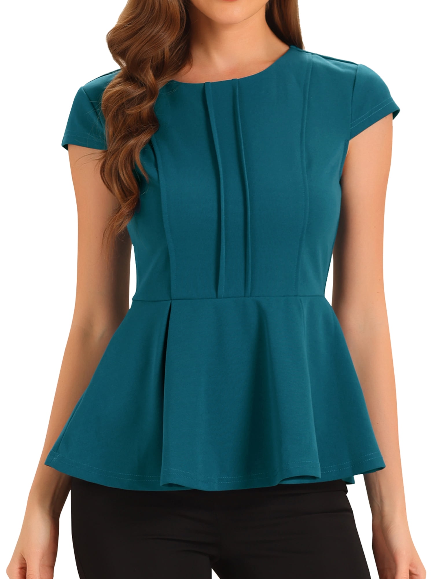 DARING DIVA Women's Elegant Round Neck Solid Color Cap Sleeve Blouses XS Peacock Blue