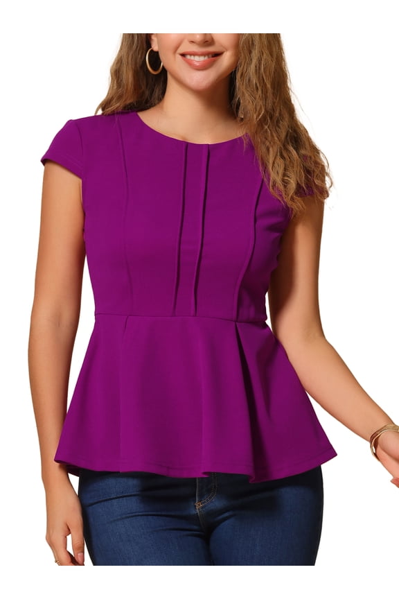 Women's Elegant Round Neck Solid Color Cap Sleeve Blouses XS Purple