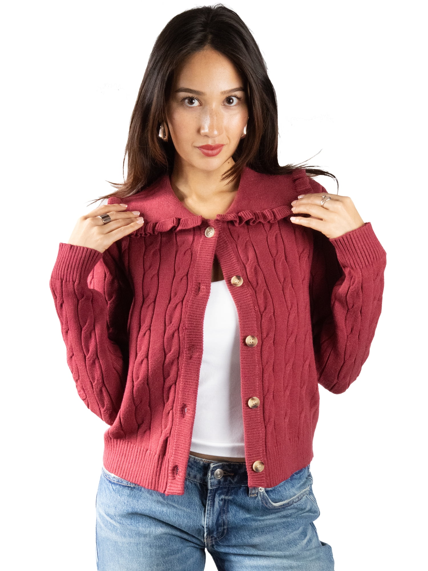 DARING DIVA Women's Elegant Ruffle Collar Cardigan XS Red