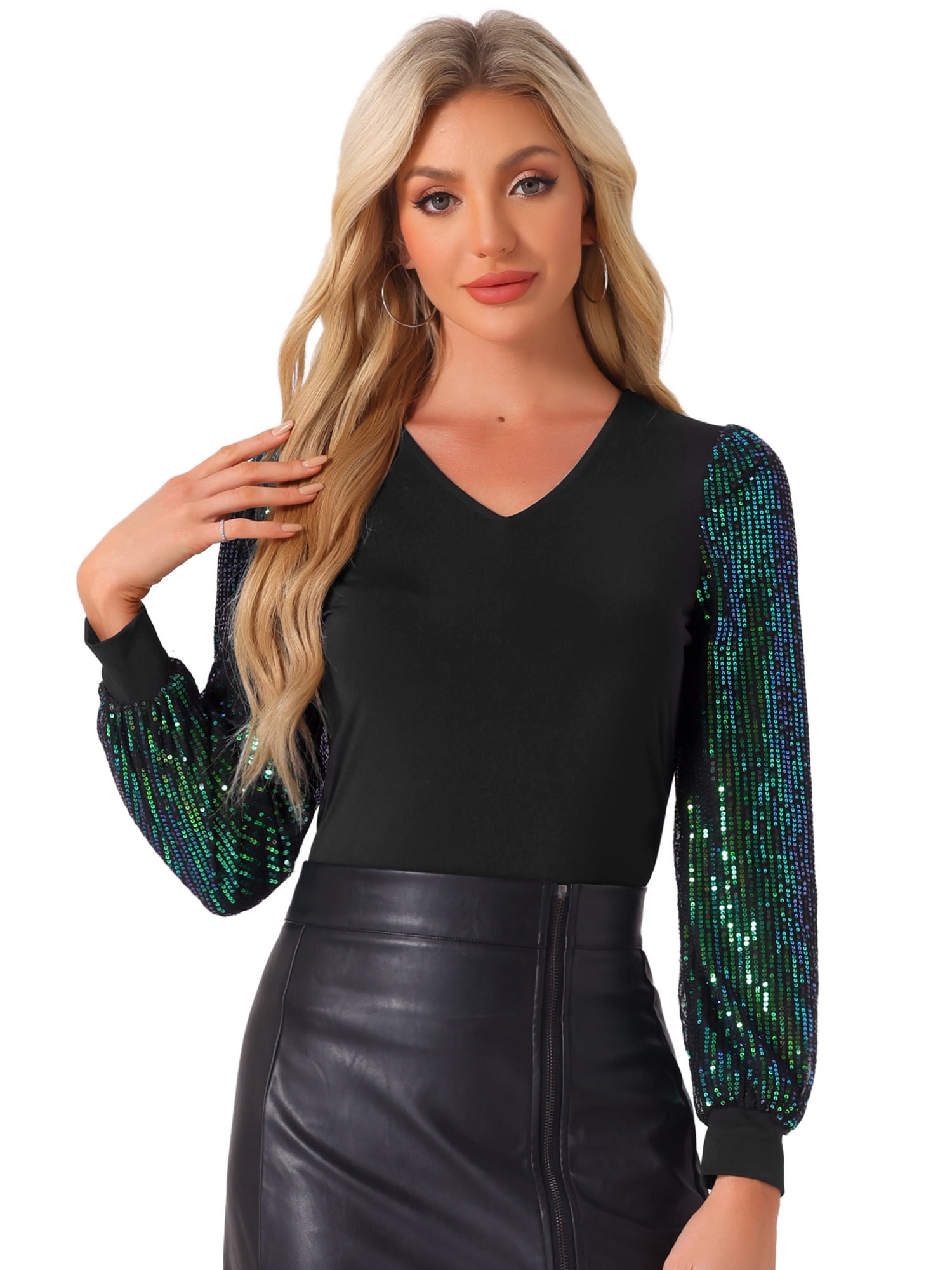 DARING DIVA Women's Sequin Sleeve V Neck Sparkly Top with Long Sleeves L Black Green