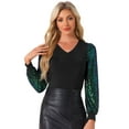 thumbnail image 1 of DARING DIVA Women's Elegant Sequin Long Sleeve V Neck Sparkly Tops M Black Green, 1 of 6