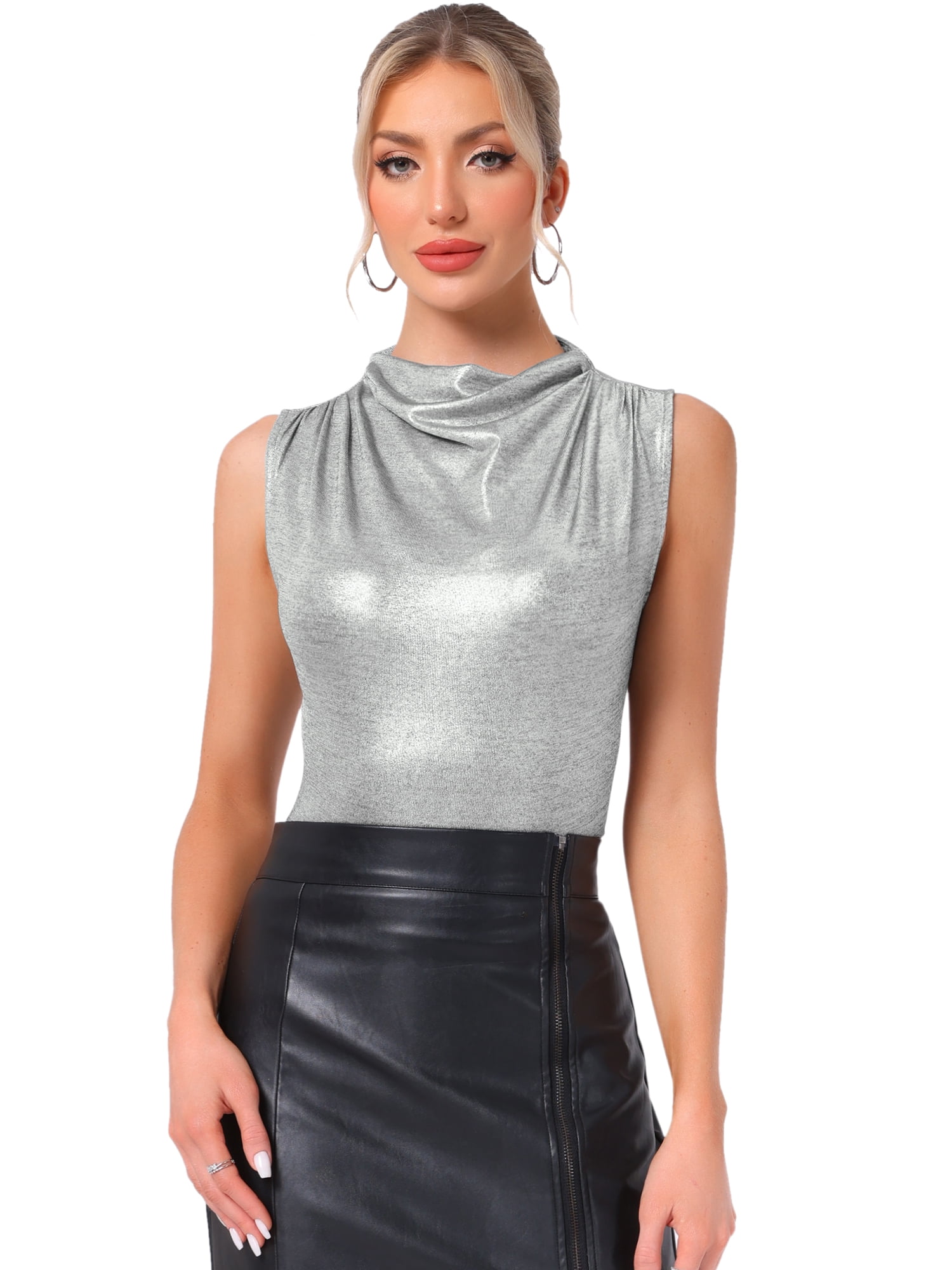 DARING DIVA Women's Elegant Shiny Party Sleeveless Cowl Neck Blouse M Silver