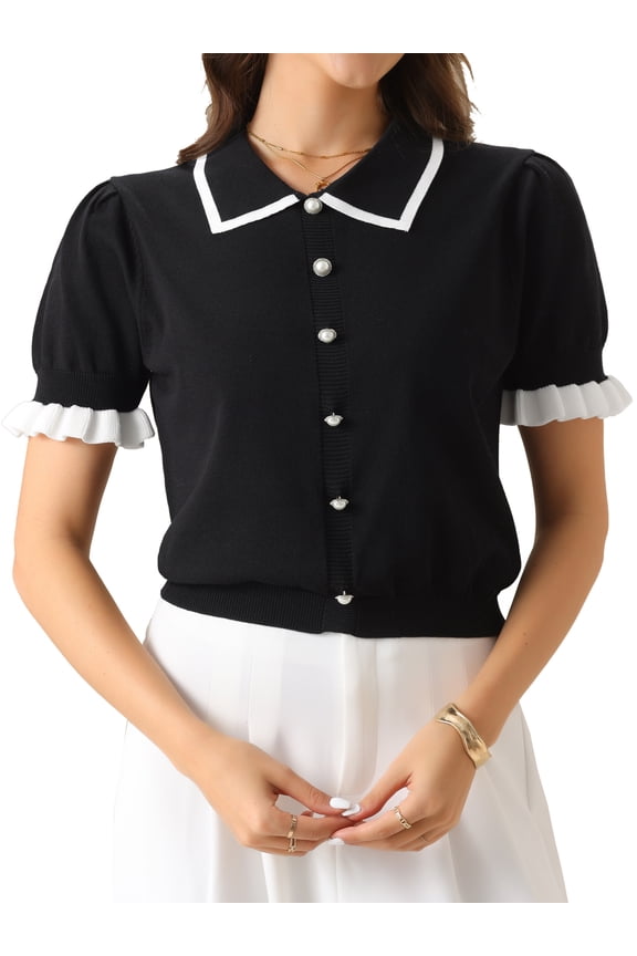 Women's Elegant Short Sleeve Collared Sweater Top L Black