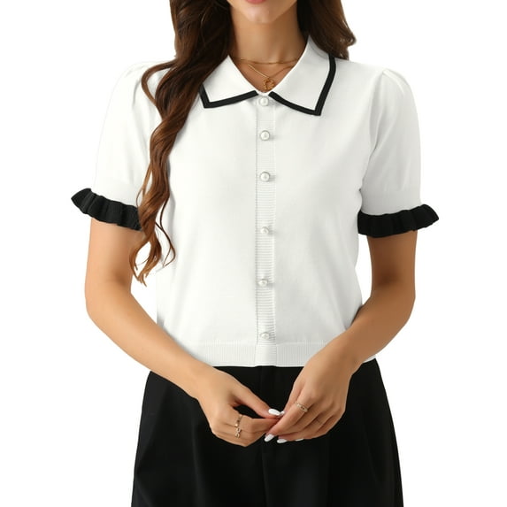 DARING DIVA Women's Elegant Short Sleeve Collared Sweater Top XL White