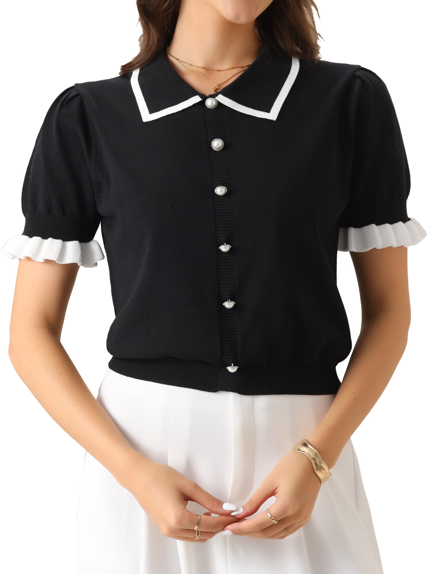 DARING DIVA Women's Elegant Short Sleeve Collared Sweater Top XS Black