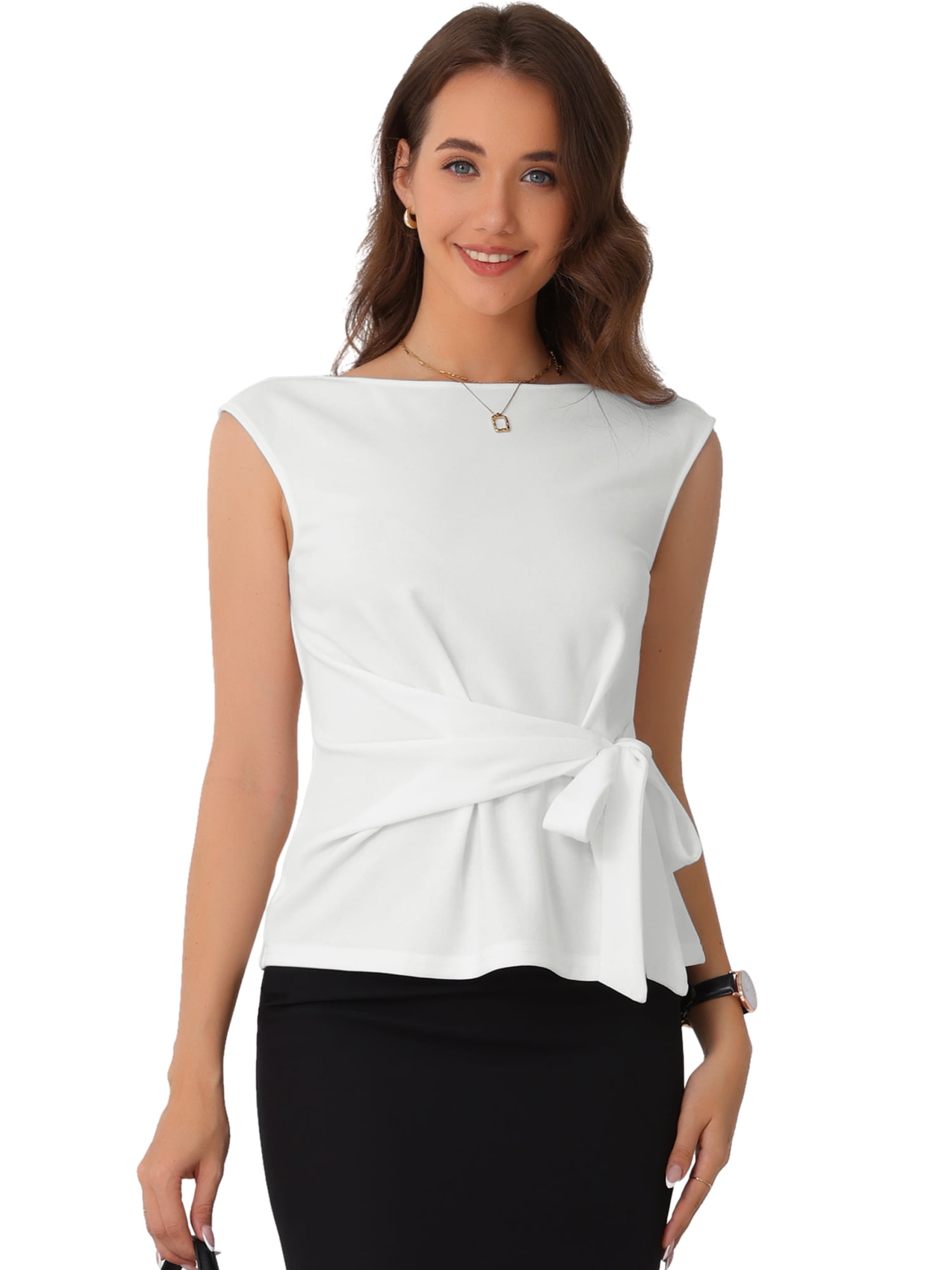 DARING DIVA Women's Elegant Side Tie Wrap Cap Sleeve Blouses L White