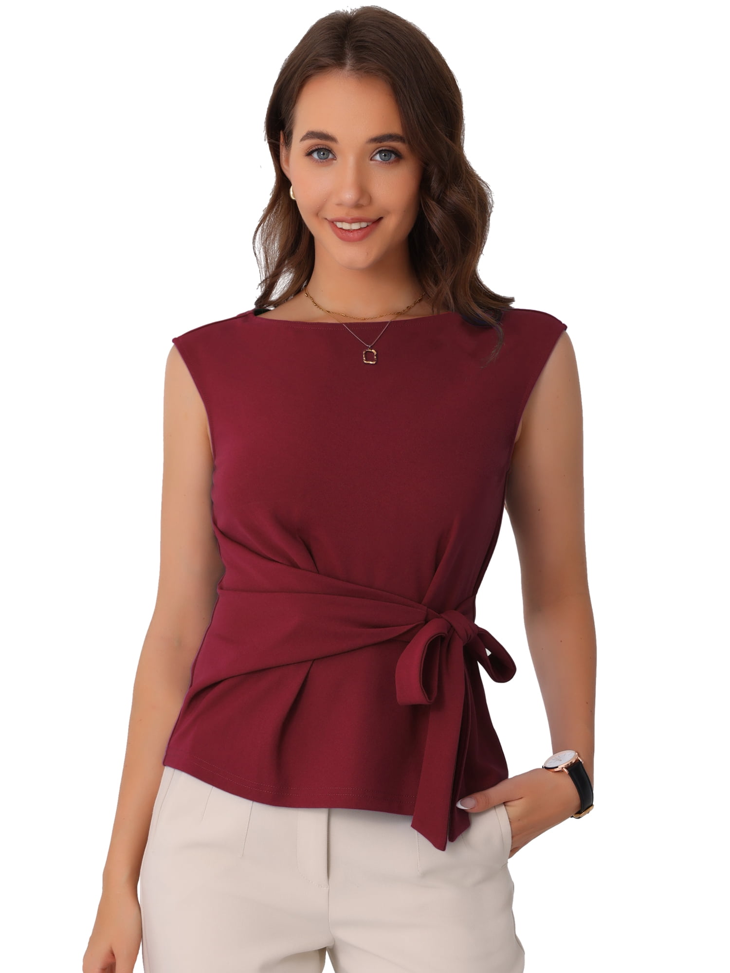 DARING DIVA Women's Elegant Side Tie Wrap Cap Sleeve Blouses M Burgundy