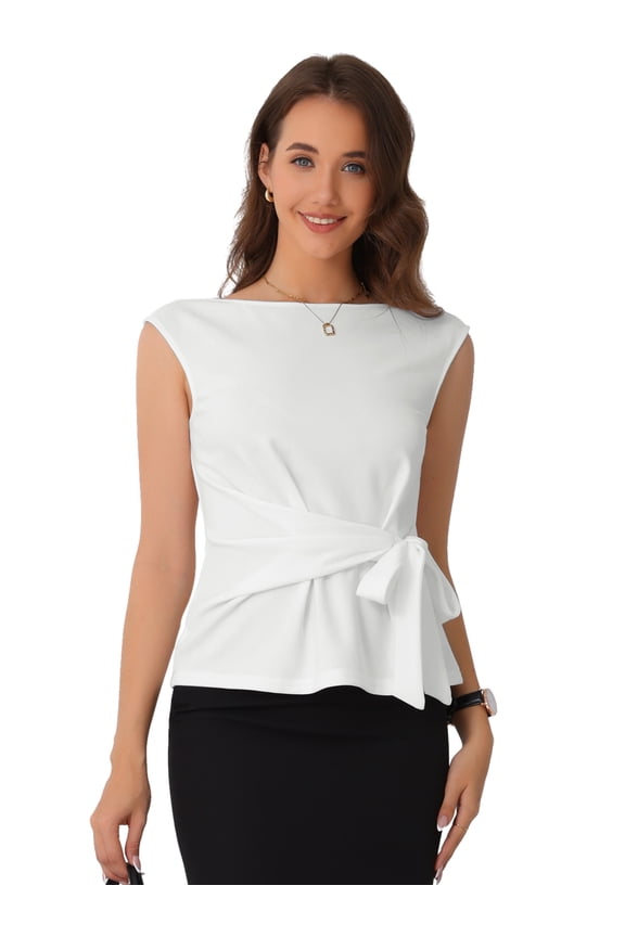Women's Elegant Side Tie Wrap Cap Sleeve Blouses S White
