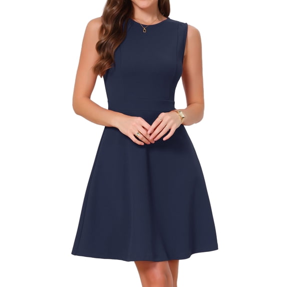 DARING DIVA Women's Elegant Sleeveless A Line Work Dress L Navy Blue