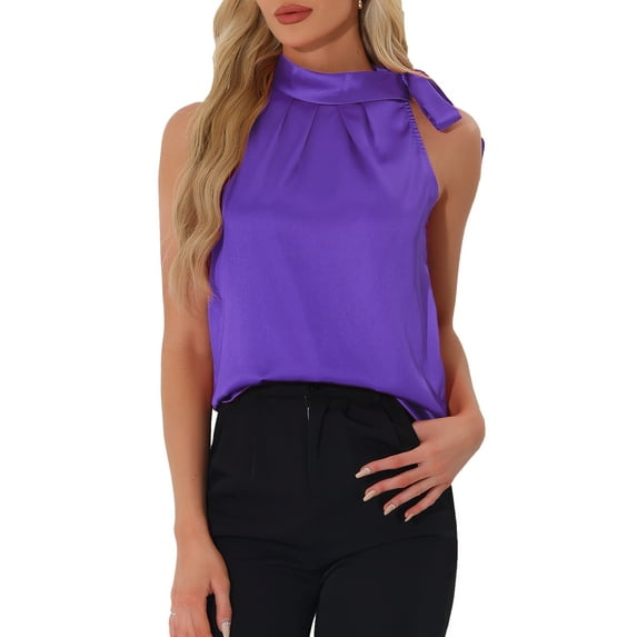 DARING DIVA Women's Elegant Sleeveless Bow Tie Neck Work Tops M Purple
