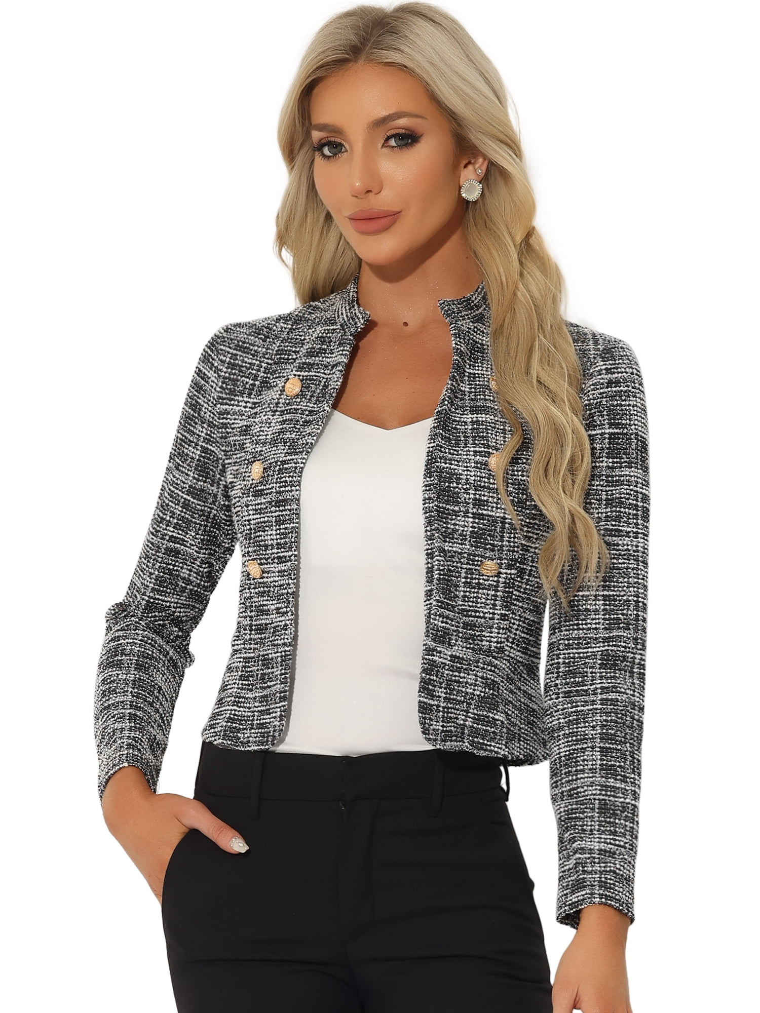 DARING DIVA Women's Elegant Stand Collar Business Plaid Tweed Blazer M Black