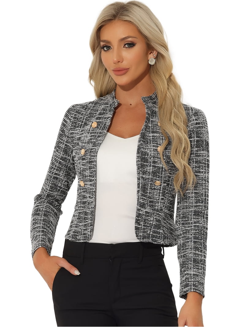 DARING DIVA Women's Elegant Stand Collar Business Plaid Tweed