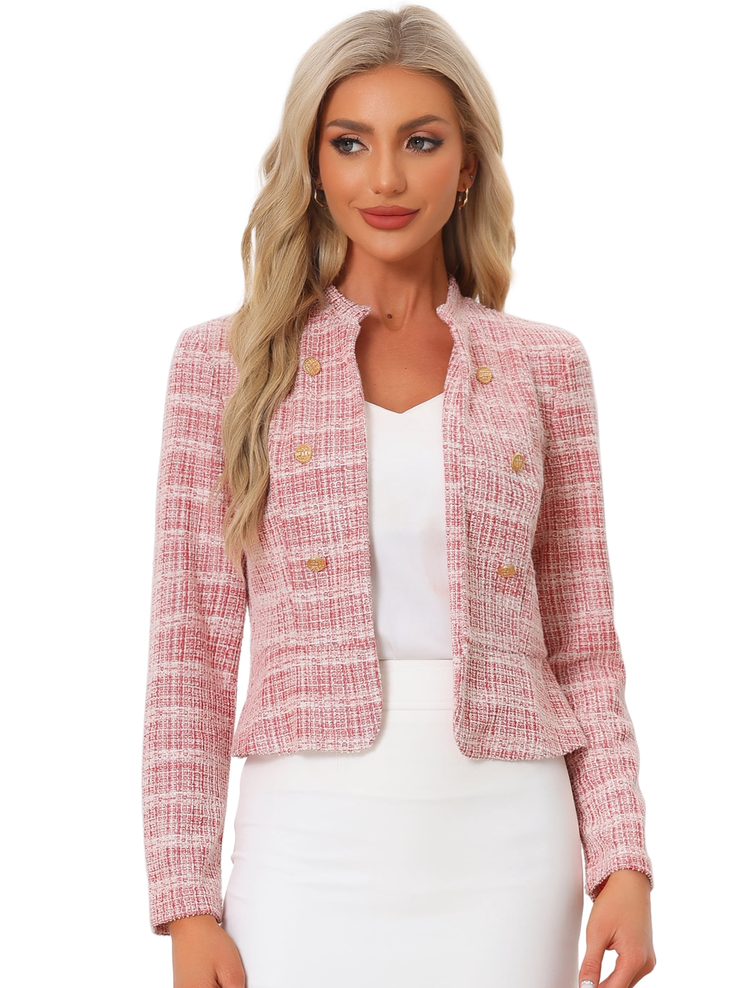 DARING DIVA Women's Elegant Stand Collar Business Plaid Tweed Blazer M Red