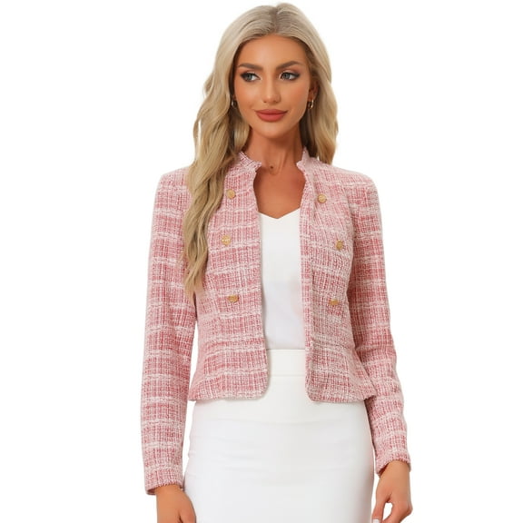 DARING DIVA Women's Elegant Stand Collar Business Plaid Tweed Blazer XL Red