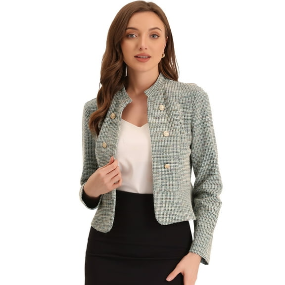 DARING DIVA Women's Elegant Stand Collar Business Plaid Tweed Blazer XS Beige
