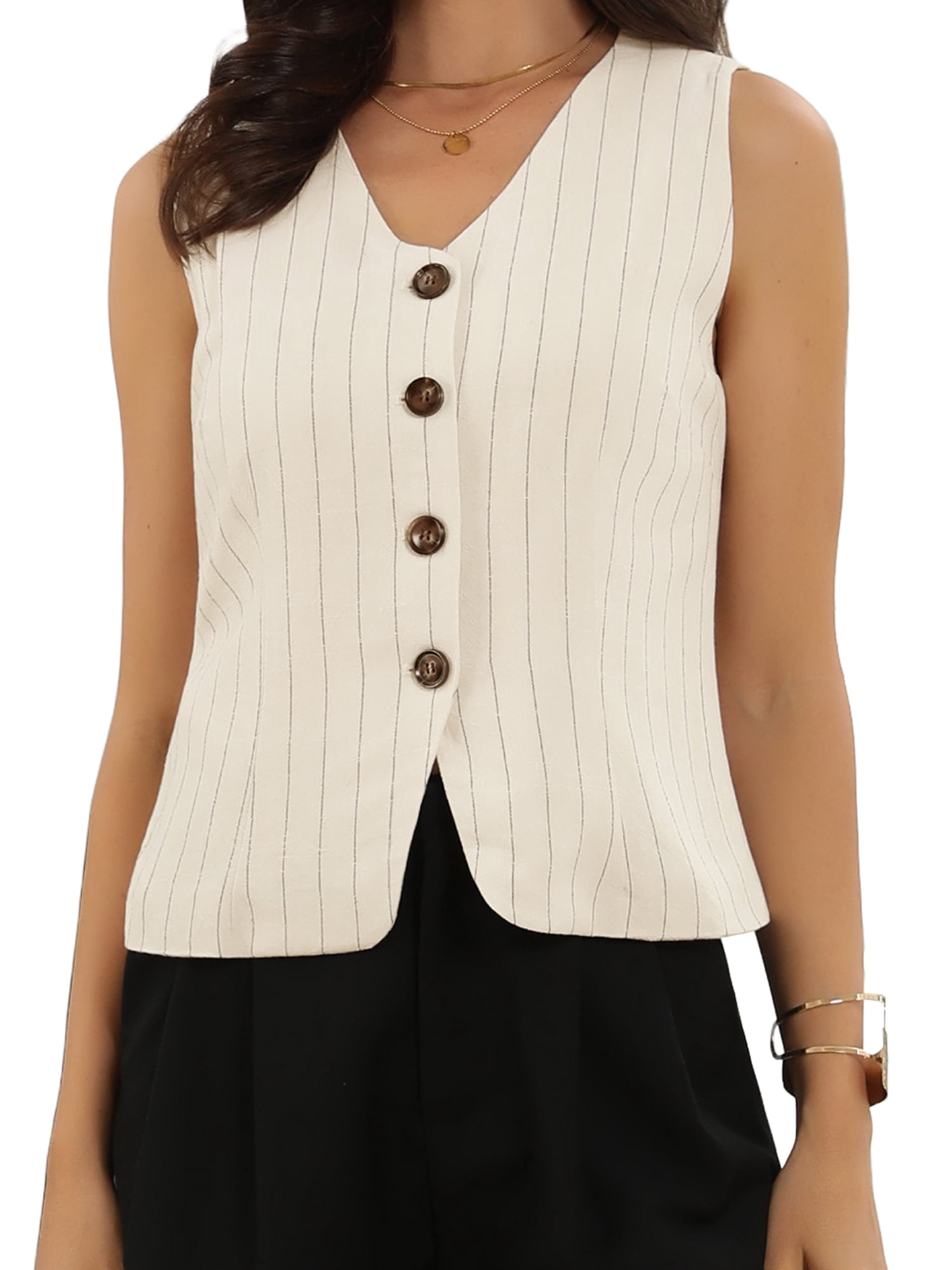 DARING DIVA Women's Elegant Stylish Sleeveless V Neck Striped Waistcoat S Beige