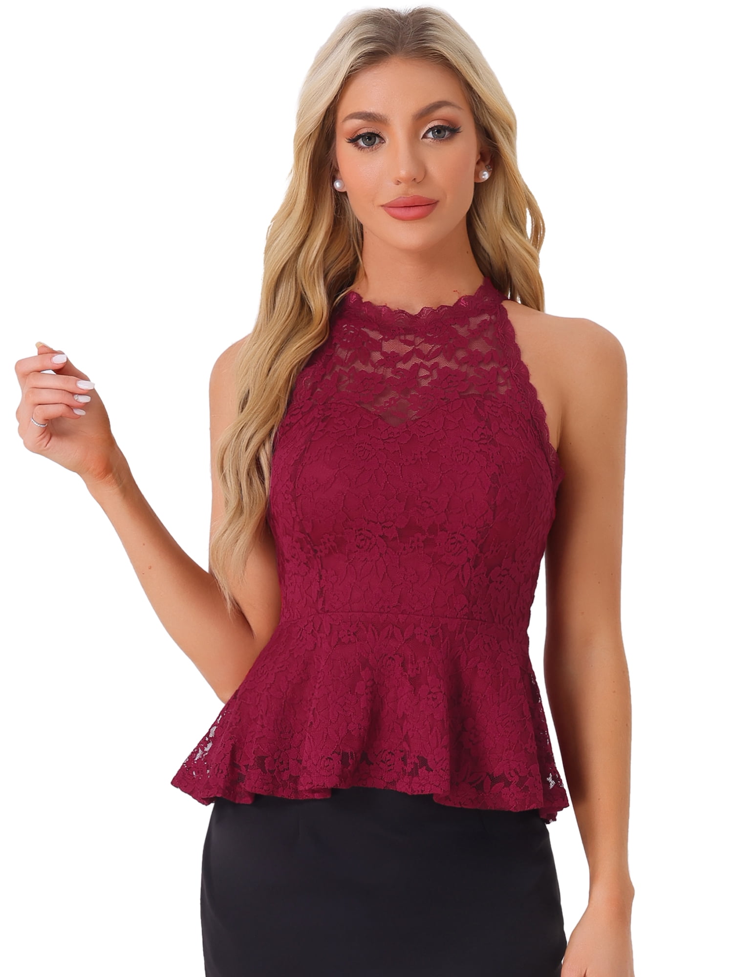 DARING DIVA Women's Elegant Sweetheart Neck Lace Peplum Tops L Burgundy