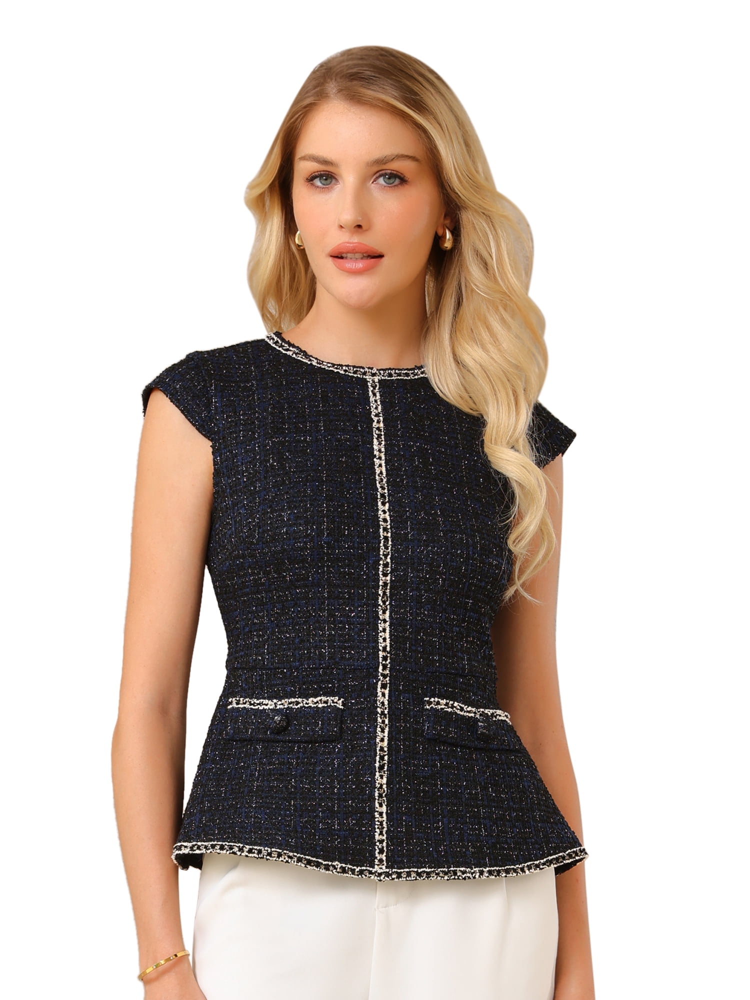 DARING DIVA Women's Elegant Tweed Crew Neck Cap Sleeve Peplum Blouse S Black Blue