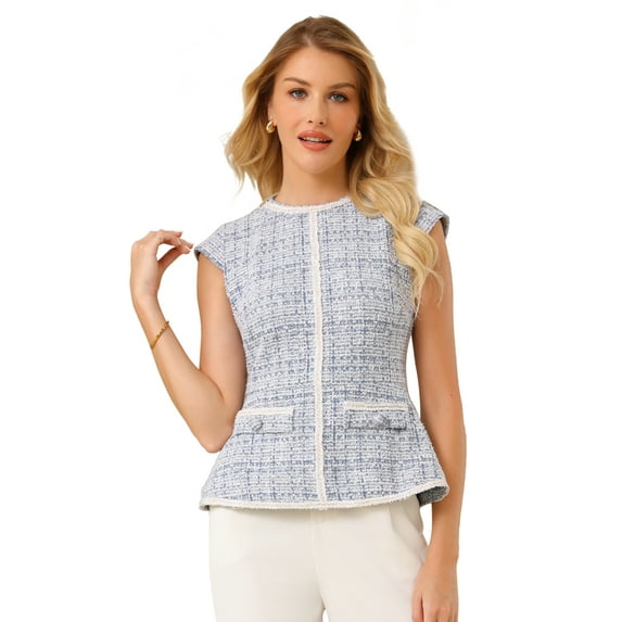 DARING DIVA Women's Elegant Tweed Crew Neck Cap Sleeve Peplum Blouse S Light Blue