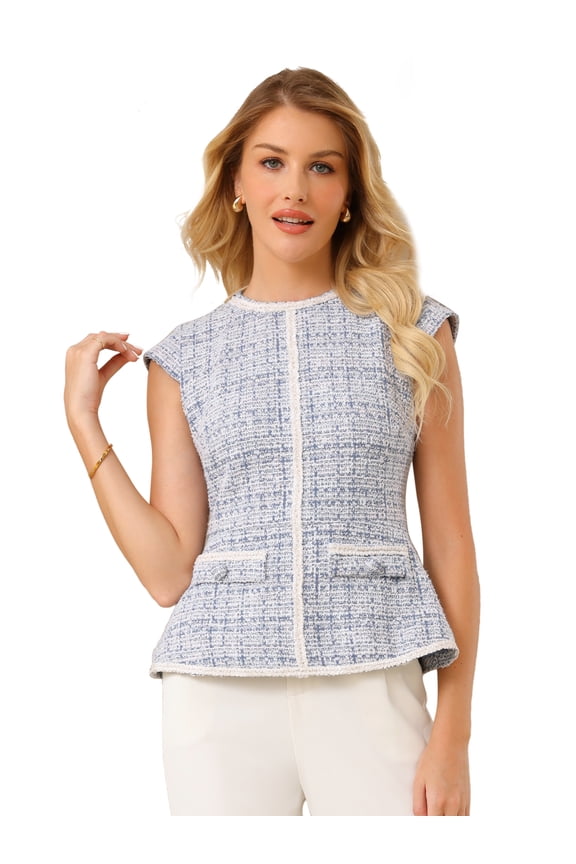 Women's Elegant Tweed Crew Neck Cap Sleeve Peplum Blouse S Light Blue