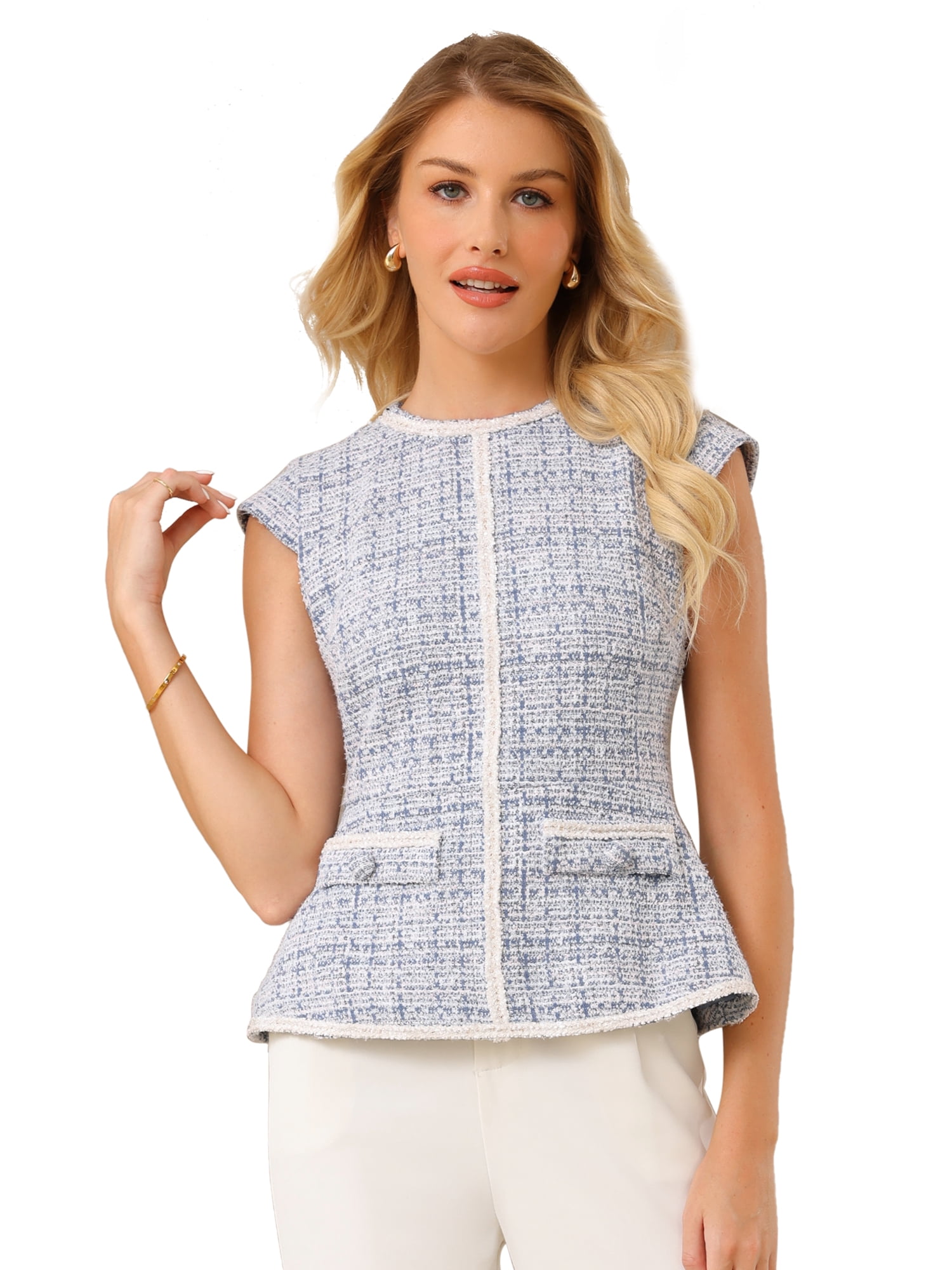 DARING DIVA Women's Elegant Tweed Crew Neck Cap Sleeve Peplum Blouse XL Light Blue