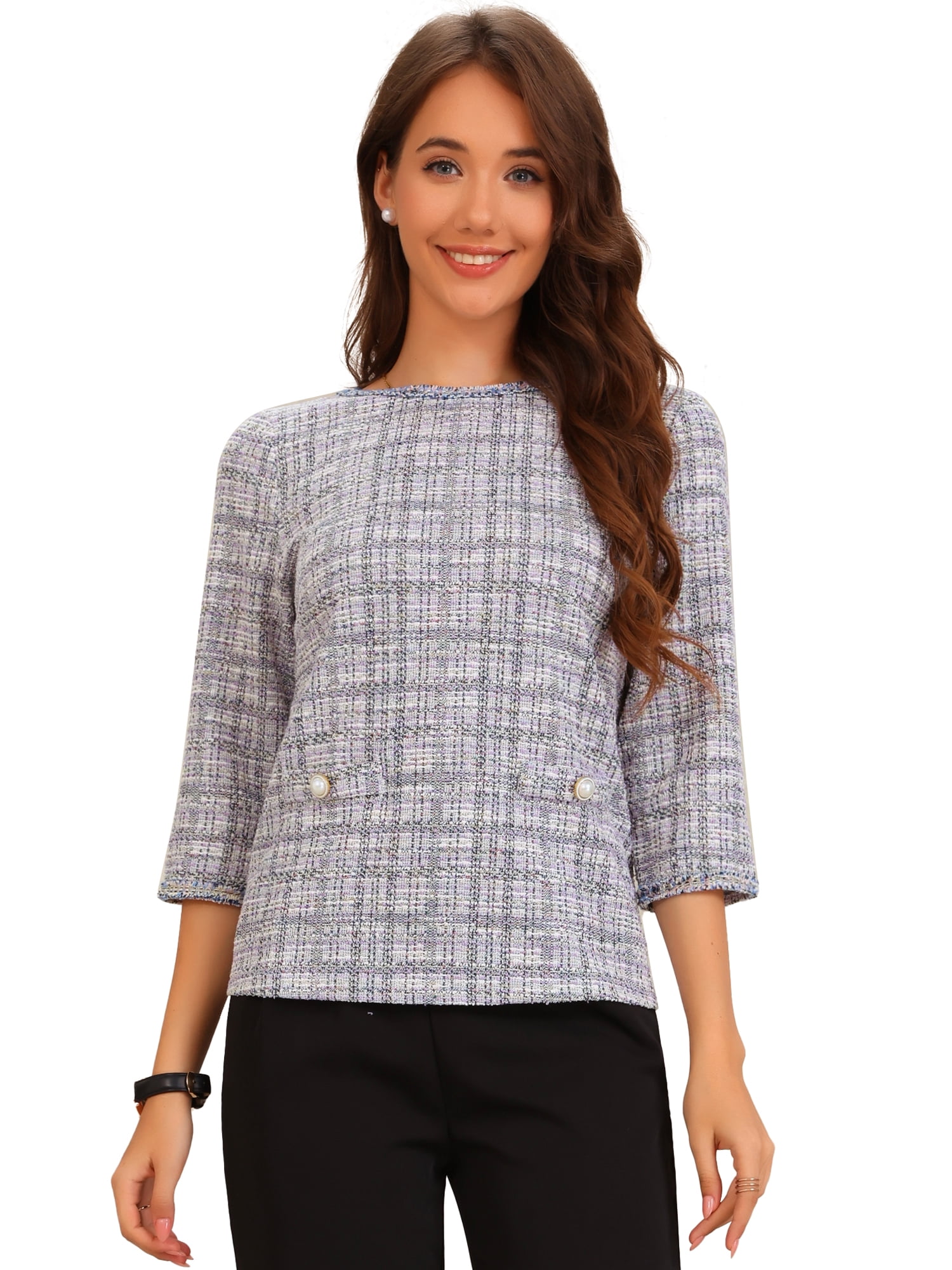 DARING DIVA Women's Tweed Plaid 3/4 Sleeve Button Decor Vintage Blouse XL Light Purple