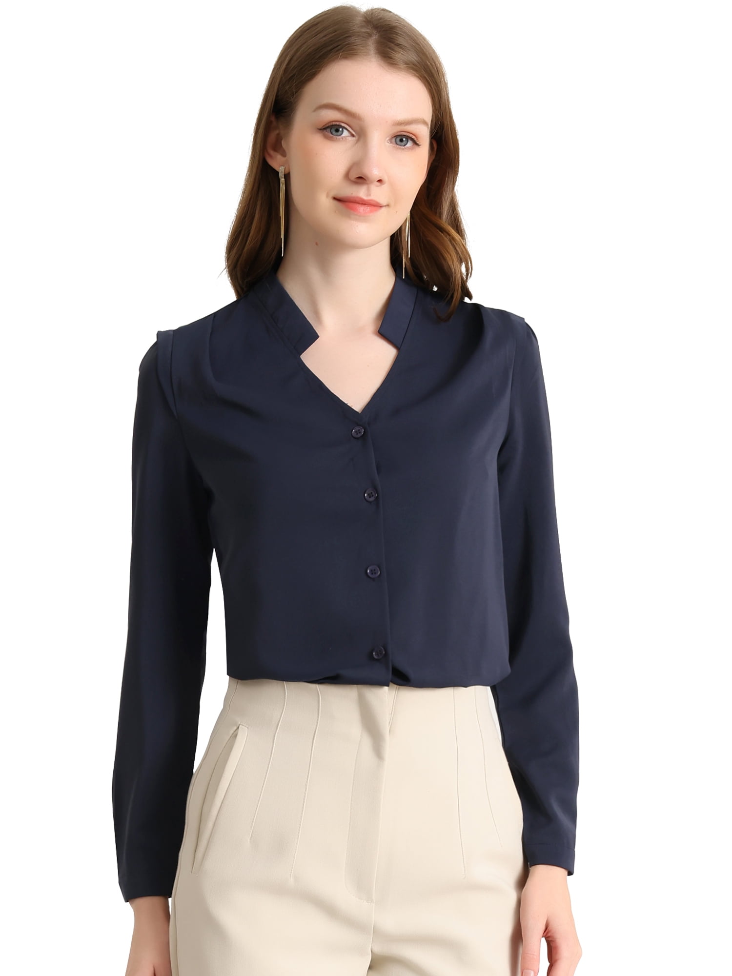 DARING DIVA Women's Elegant V Neck Long Sleeves Button Down Shirt L