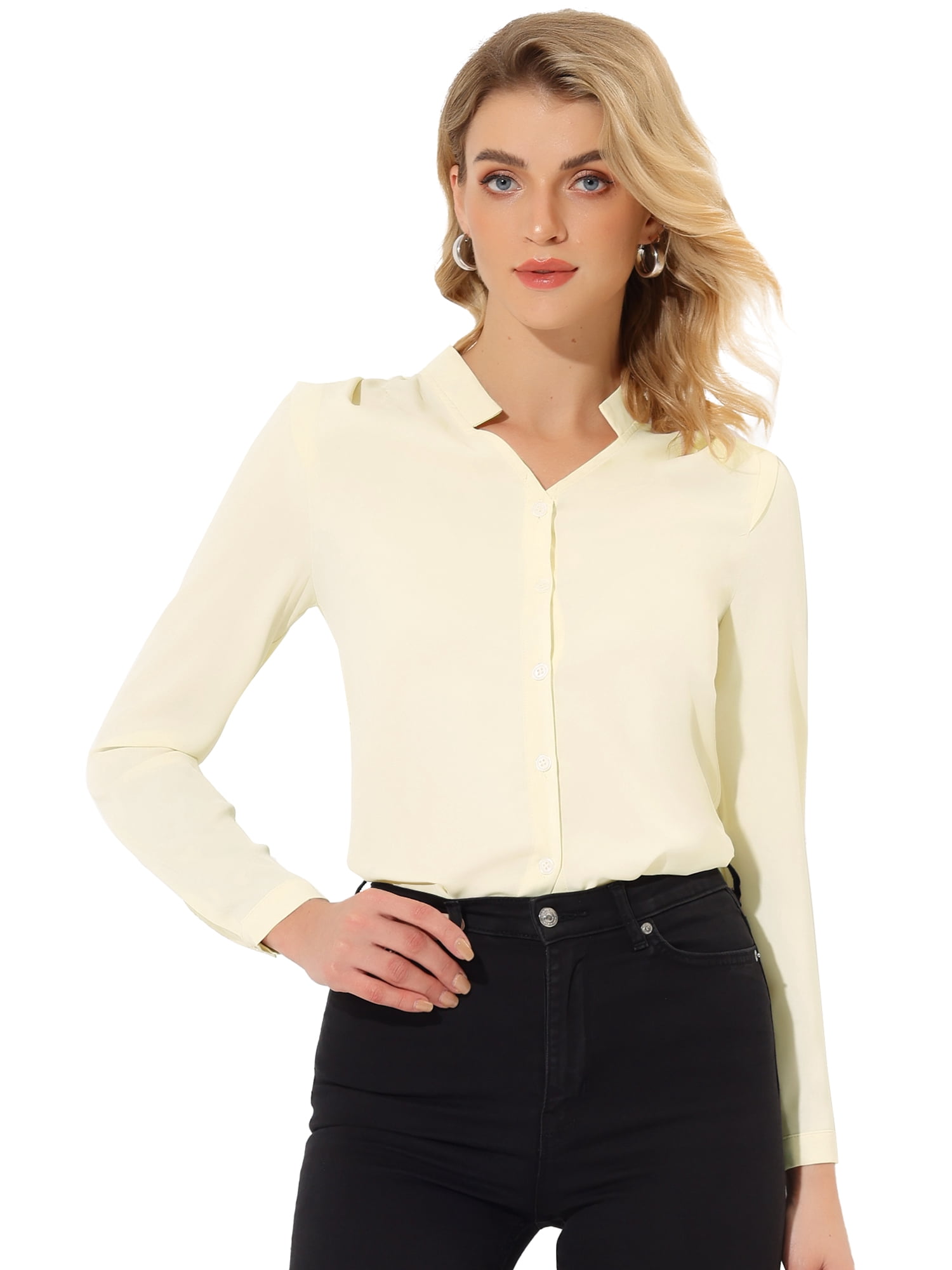 DARING DIVA Women's Elegant V Neck Long Sleeves Button Down Shirt M Beige